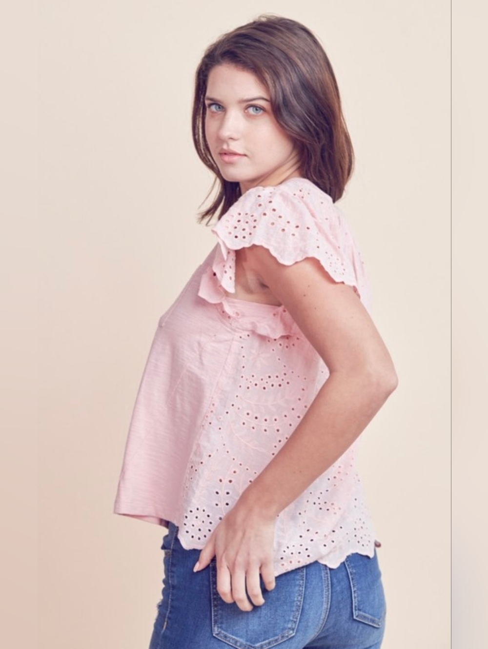&Merci Light Pink Eyelet Lace Ruffle Cap Sleeve Top Women's Size Small